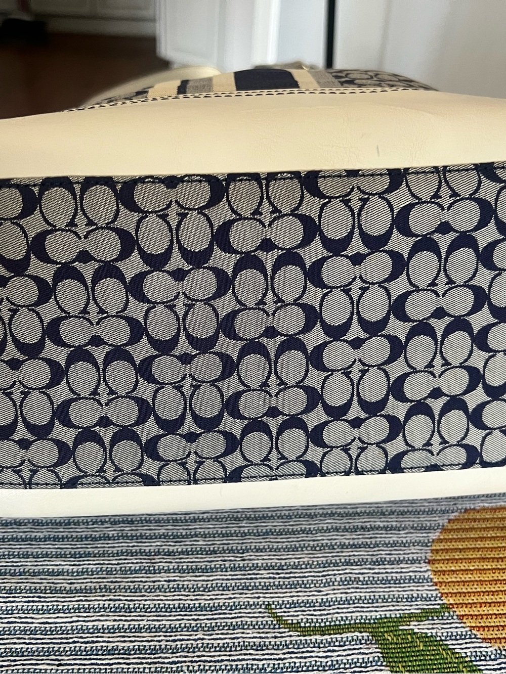 Coach Signature Canvas Stripe Hobo Duffle Bag in Navy and White - Picture 9 of 16